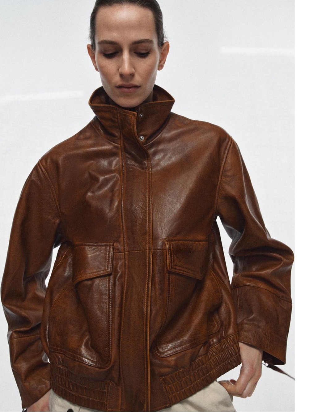 ZARA 100% LEATHER BOMBER JACKET ZW COLLECTION LIMITED EDITION